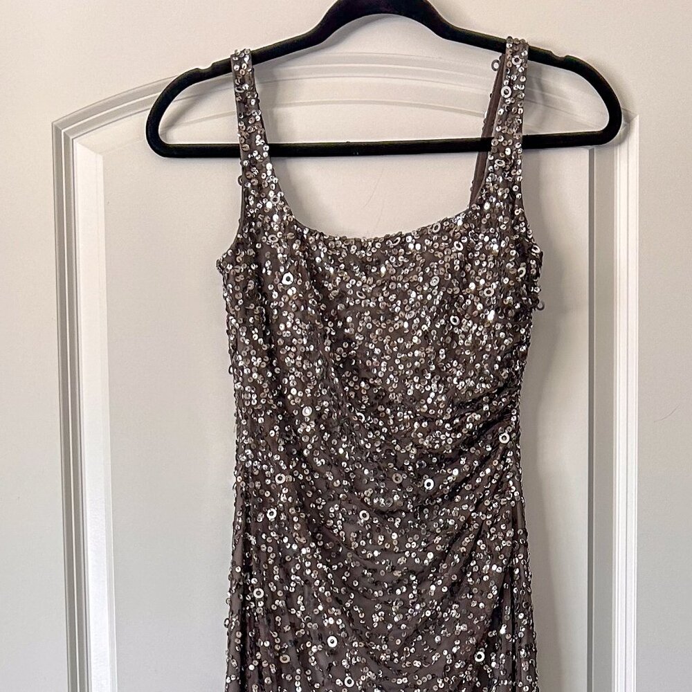 Adrianna Papell Sequins Long Sheeth Dress Gunmetal Gray size 0